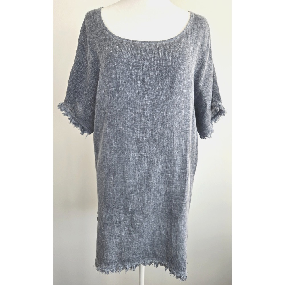 Made in Italy Linen Raw Hem Dress Denim Blue Split Side Short Sleeves Quiet Lux